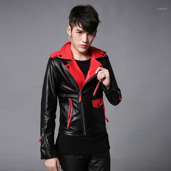 

men black white patchwork short slim fit leather jacket mens nightclub singer stage costume punk hiphop motorcycle jackets1