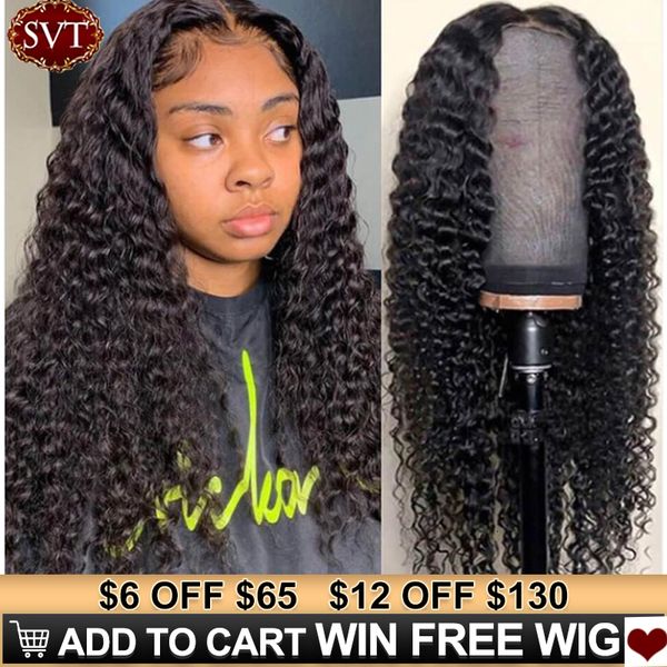 

svt indian deep curly lace front wig human hair wigs for black women deep wave 4x4 glueless lace closure wig prelucked hairline, Black;brown