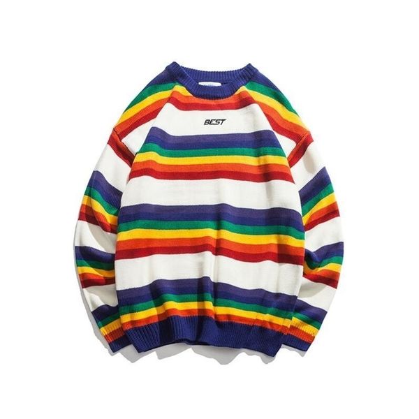 

retro hit color o-neck knit rainbow striped sweater 201130, White;black