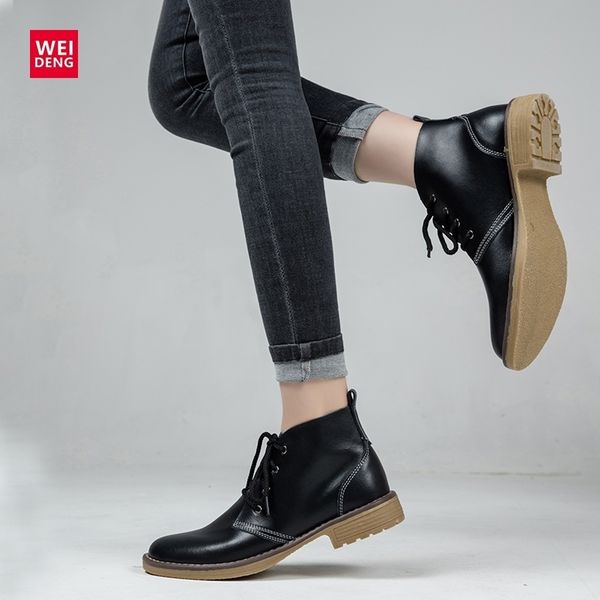 

weideng 6 color genuine leather women boots fashion winter lace up classic shoe high style flats casual shoes boots waterproof y200723, Black