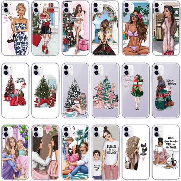 

merry christmas black brown hair girl super mama case for tpu iphone 11 12 pro max xr xs x xs max 12 mini 6 5se 7 8 plus case