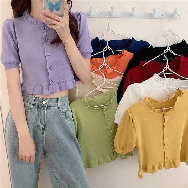 

women ruffles collar knitted short puff sleeve cropped slim sweaters solid cardigans lady single breasted sweater crop female, White;black