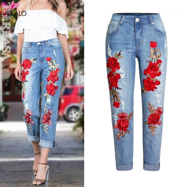 

2020 ladies high waist mom female floral jeans for women trousers denim pencil pants ripped jeans woman straight mujer femme1, Blue