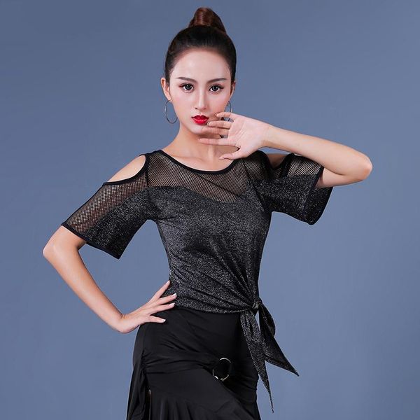 

latin dance costume ladies new short sleeves black mesh shiny practice dress ballroom dance performance clothing vdb2276, Black;red