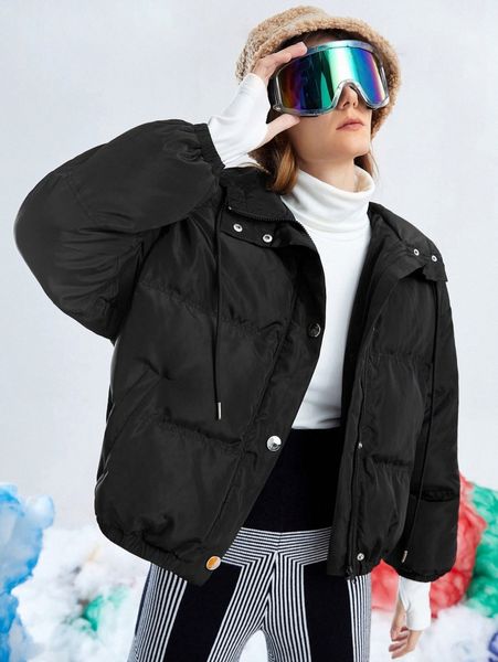 

drop shoulder zipper drawstring hooded puffer coat 56cc#, Black
