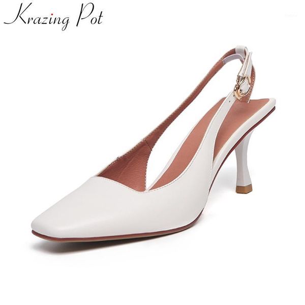 

krazing pot genuine leather shallow brand square toe back strap women pumps high heels wedding party solid slingback shoes l051, Black