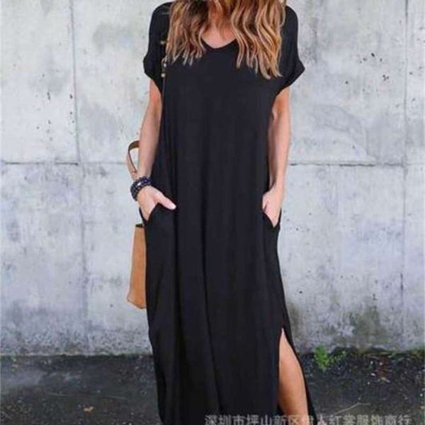 

neck eman el001 solid short round sleeve loose dress, Black;gray
