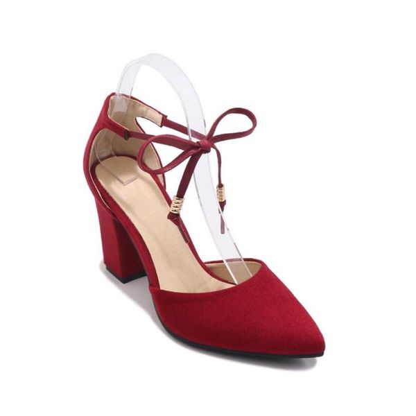 

korean lace-up middle hollow bowties high heels plus size 40-48 block heels sandals pumps for women and ladies girls, Black