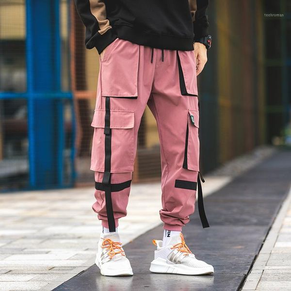 

men harem pink pants mens casual joggers baggy ribbon tactical cargo trousers harajuku streetwear hip hop lbz1691 men's, Black