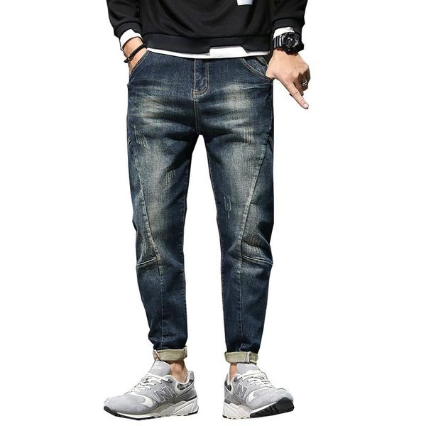 

mens jeans harem pants fashion pockets stretch retro streetwear relaxed tapered denim jeans loose fit baggy moto men 42, Blue