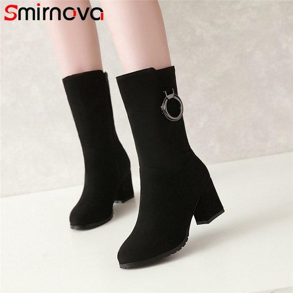 

smirnova new fashion 2020 winter female mid calf boots square high heels round toe zip with metal decoration high heels boots, Black