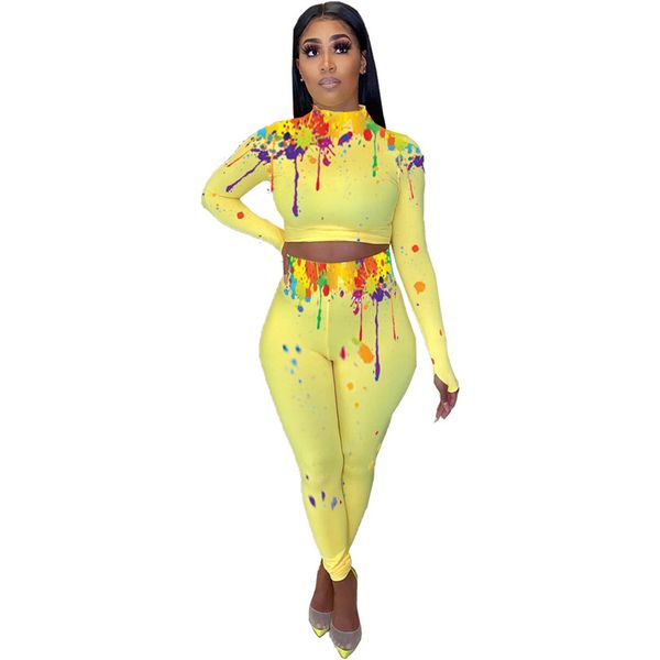 

женщины tracksuit sexy shaping высокий воротник с длинным рукавом crop топы брюки леггинсы цвет всплеск чернила повседневный двухкусочный ни, White