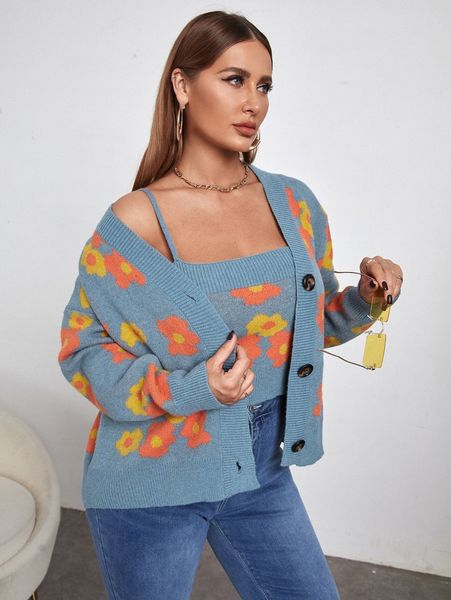 

plus floral pattern knit cami with cardigan b3pe#, Black