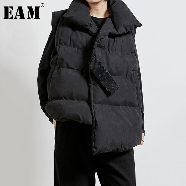 

eam] women black asymmetrical big size cotton-padded loose fit vest new lapel sleeveless fashion tide spring autumn 2020 1n320 1023, Black;white