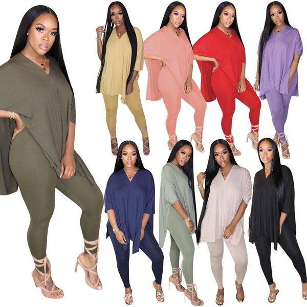 

2020 women's clothing solid color slit v-neck two-piece suit, Gray