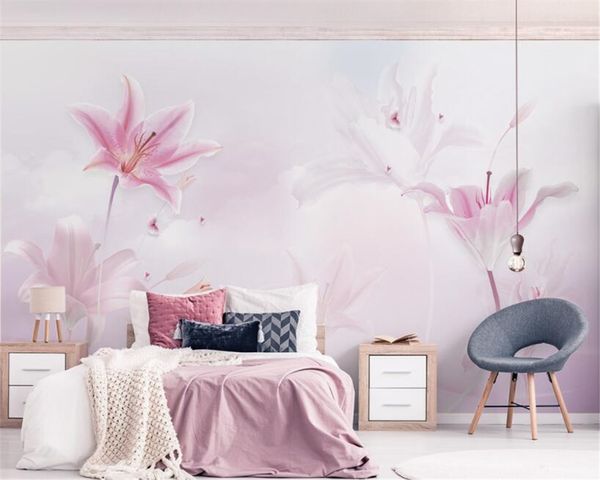 Beibehang personalizzato carta da parati HD Cascata murale rosa gigli viola nuvole TV parete di fondo pittura papel de parede 3d