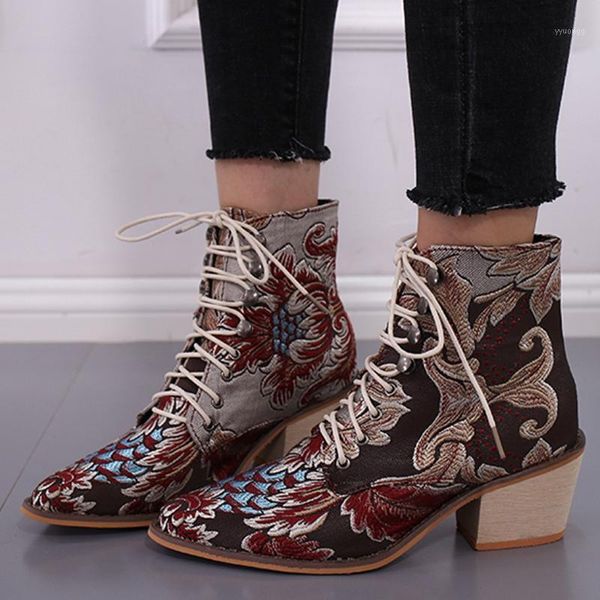 

boots women short square heels cloth embroidery lace-up pointed toe shoes medieval retro booties for1, Black