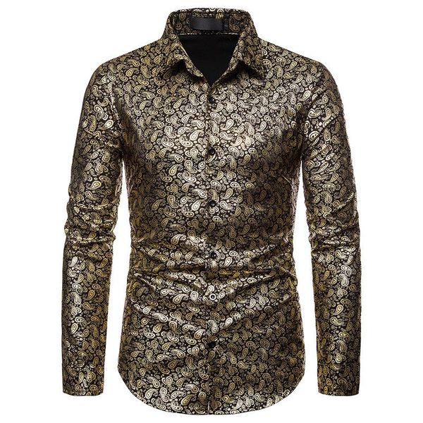 

men's casual shirts nightclub lapel cashew flower stamping long sleeve shirt, White;black