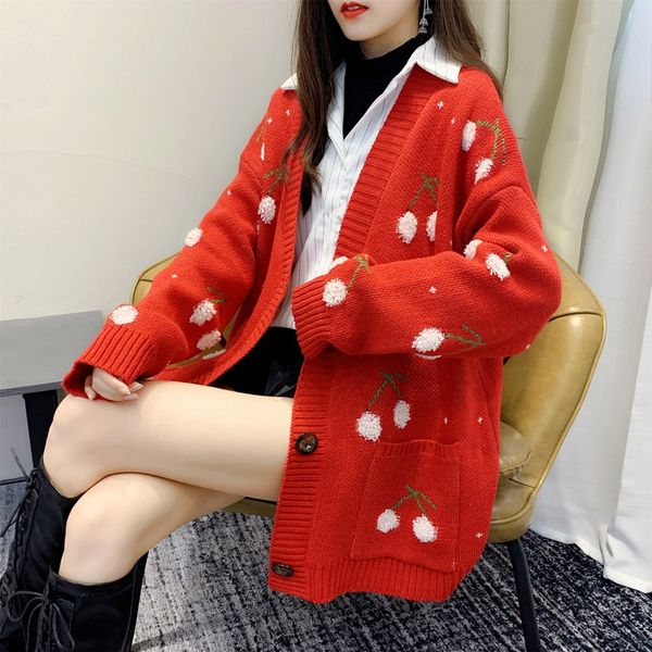 

lazy windmill lizi cardigan women's loose new spring clothes thick red knitted coat large coat sweatersweater sweater women's wear, White;black