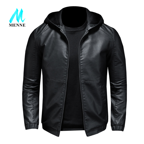 

men's fur & faux menne leather jacket hooded men leisure pu zipper, Black