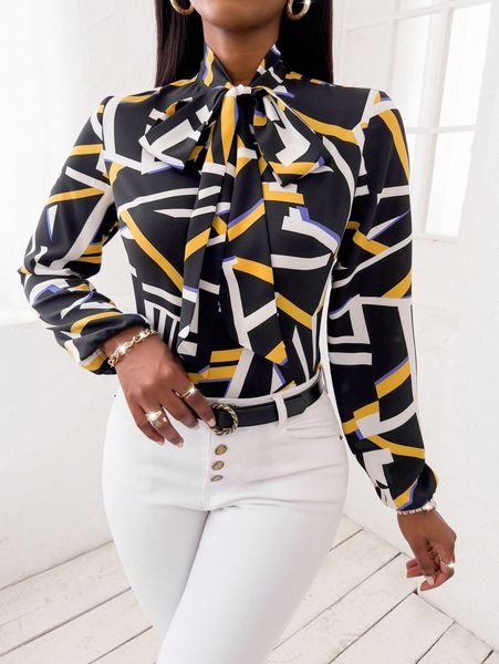 

geo print tie neck blouse n5ik#, White