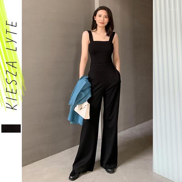 

2020 summer women long jumpsuits casual black strap strappy pockets wide leg jumpsuit overalls female1, Black;white