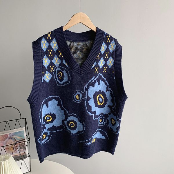 

new 2021 spring v-neck vest sleeveless knitted vintage print all match sweater casual women pullovers g6u8, Black;white