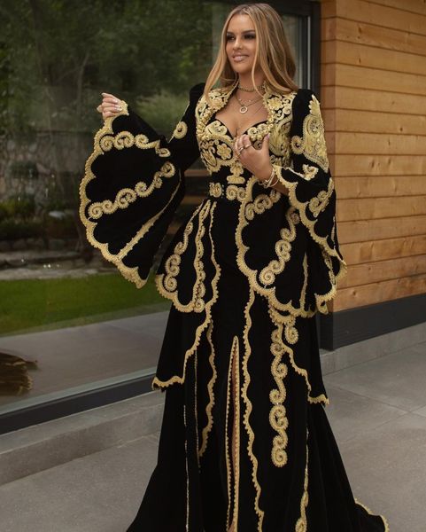 Tradicional Kosovo vestidos formais Árabe Veludo Vestidos de Noite Mangas Queimadas Applique Dividir Vestido de Baile robe de soiree 2021 Br267L