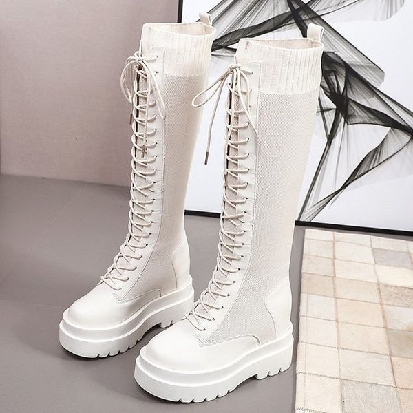 

autumn 2021 new at knee height leather cleft bow-up soles thick anti-slip boots black socks women's ie5u