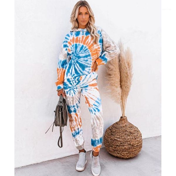 

pants suits female spring casual loose tracksuits women tie-dye sports sets fashion trend long sleeve round neck women hooded, Gray