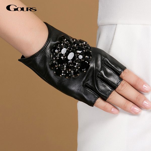 Gours Winter Echte Leder Handschuhe Frauen Mode Marke Schwarz Stein Fahren Fingerlose Handschuhe Damen Ziegenleder Fäustlinge GSL040 201104