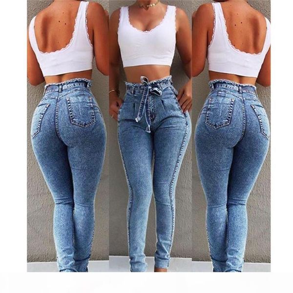 

autumn new women designer jeans fashion ruffled high waisted black long jeans with sashes casual womens designer pants, Blue