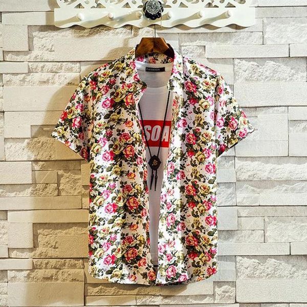 

shirts men 2020 hawaiian flower printed short sleeve shirt casual men's shirts streetwear turn-down collar blouse camisas1, White;black