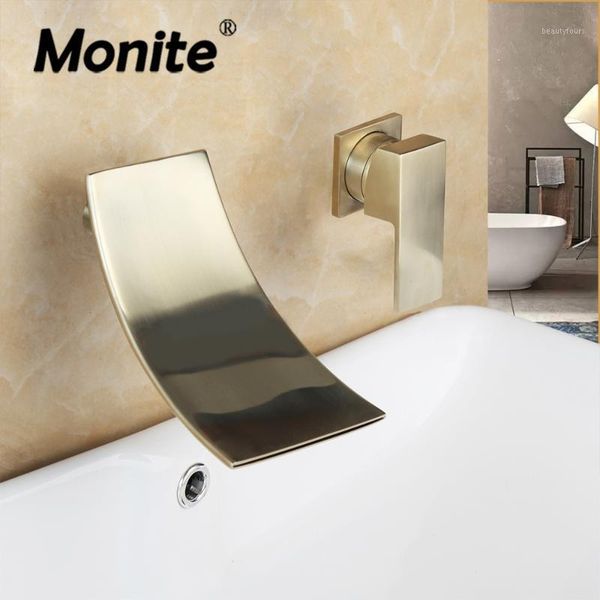 

monite brushed gold wall mounted bathtub bathroom basin sink mixer tap faucet golden plated waterfall mixer handle tap1