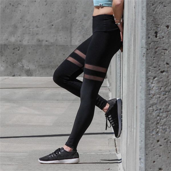 

l2005 mesh stitching leggings yoga fitness women's sports pants, Black