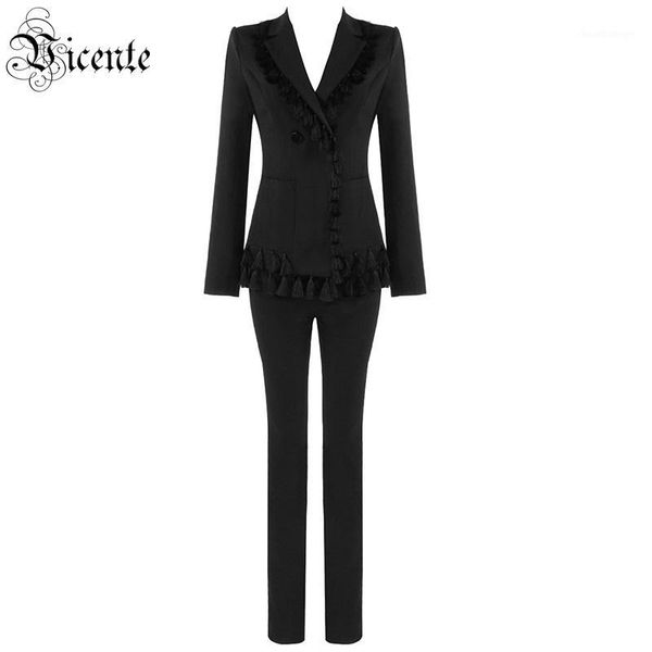 

vc 2020 women two pieces black sets turn-down colar tassel embellished buttons celebrity party pants suit1, White