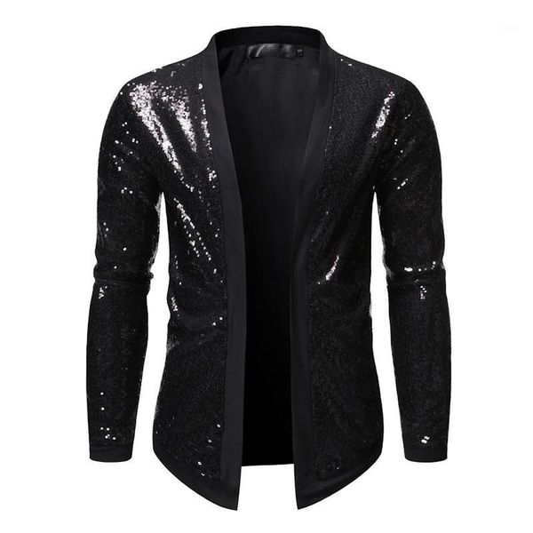 

shiny black sequins suit blazer men dj nightclub mens blazer jacket casual slim fit cardigan party stage singers costume homme1, White;black