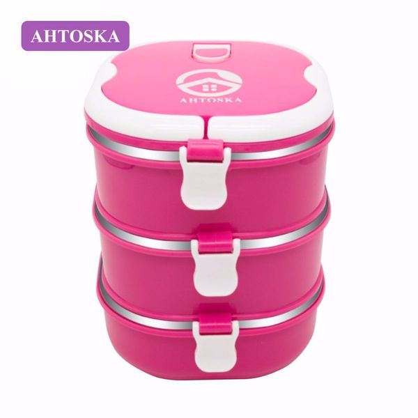 

ahtoska lunch box 3 слоя портативный синий зеленый розовый дети пластиковые bento box экологию контейнеры для пищевых продуктов для студенто
