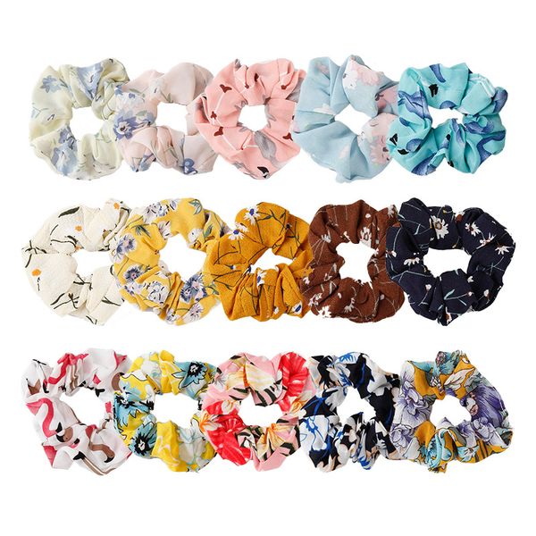 

15pcs hair scrunchies premium boho women's flower printed chiffon hair accessories, Black;brown