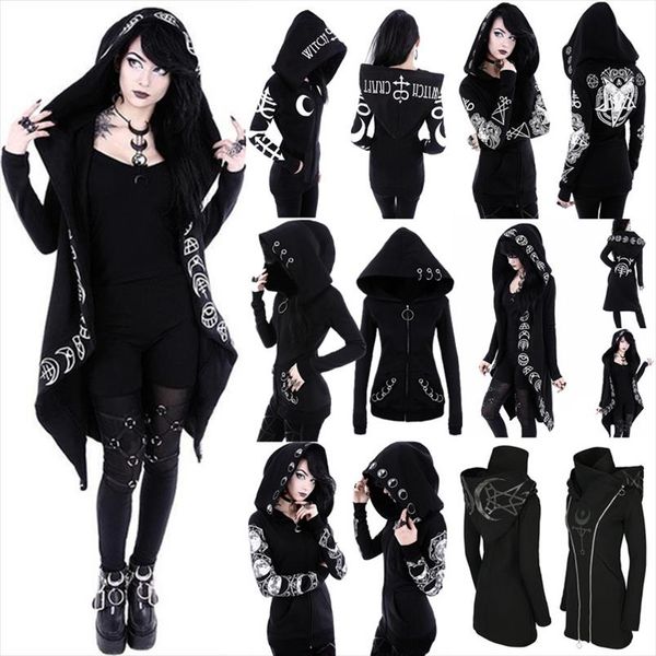 

gothic punk print hoodies sweatshirts women long sleeve jacket zipper coat autumn winter female casual hoodie oversized hood, Black