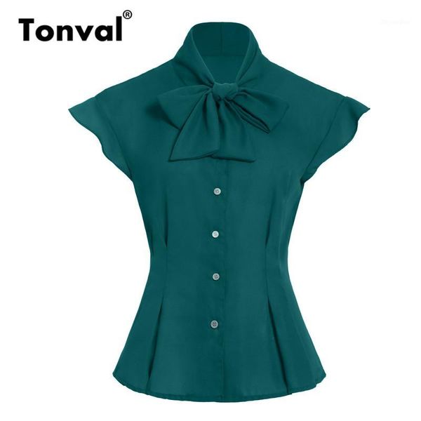 

tonval bow tie neck tunic chiffon vintage blouse women 2020 cap sleeve office blouses green summer shirt, White