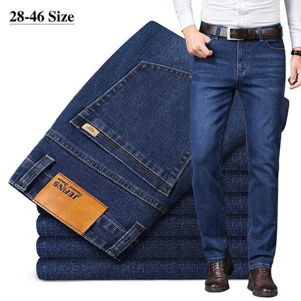 

plus size 42 44 46 brand men's business straight jeans cotton stretch casual trousers fashion blue black slim-fit denim pants1