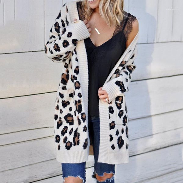 

plus size women leopard print cardigans casual long sleeve knitted sweater coats autumn winter fashion cardigan jacket outwear1, White
