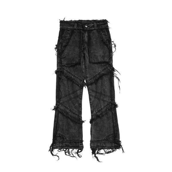 

men vintage destroy broken denim trousers male streetwear hip hop loose jeans pants stage fashion show clothing, Blue