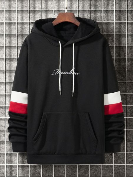 

men letter embroidery contrast panel drawstring thermal lined hoodie f9m2#, Black