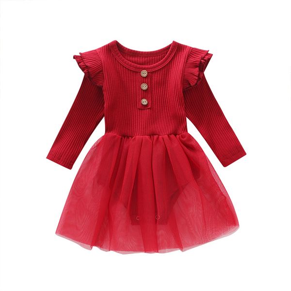 

infant baby romper dress mesh cute full length regular sleeve solid color covered button round neck fashion a-line 1023, Red;yellow