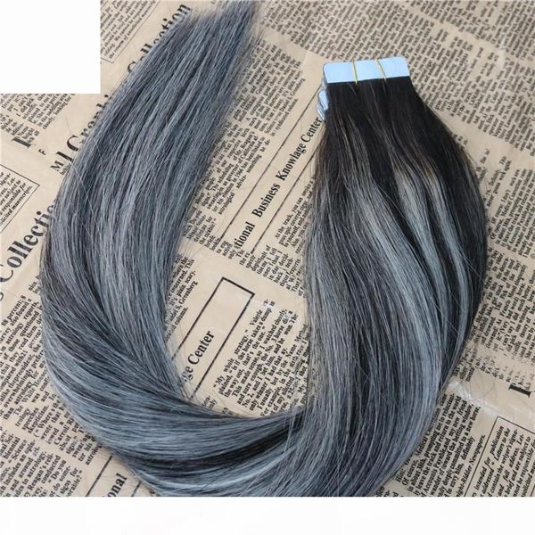 

double drawn 100% virgin tape in extensions human hair balayage 2 grey 2 tape on hair extensions 350g 140pcs, Black