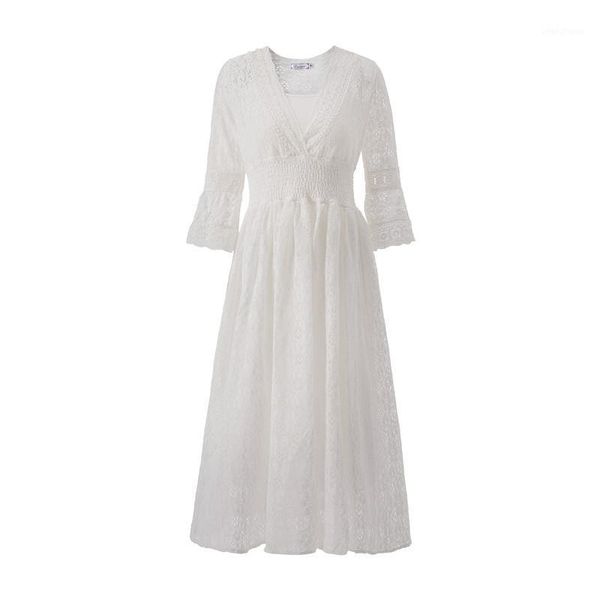

perhaps u white black solid lace v neck 3/4 flare sleeve midi dress mid calf elegant summer d03881, Black;gray