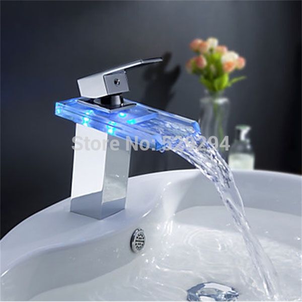 Rubinetto per lavabo a cascata in vetro con luce a LED per bagno.Torneira Led.Rubinetto miscelatore per lavabo con montaggio su piano colorato con finitura cromata. T200710