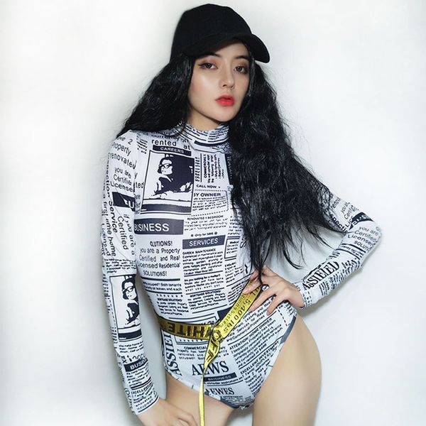 

jazz costumes newspaper printed long sleeve bodysuit female singer clothing ds daner nightclub dj pole dance wear, Black;red